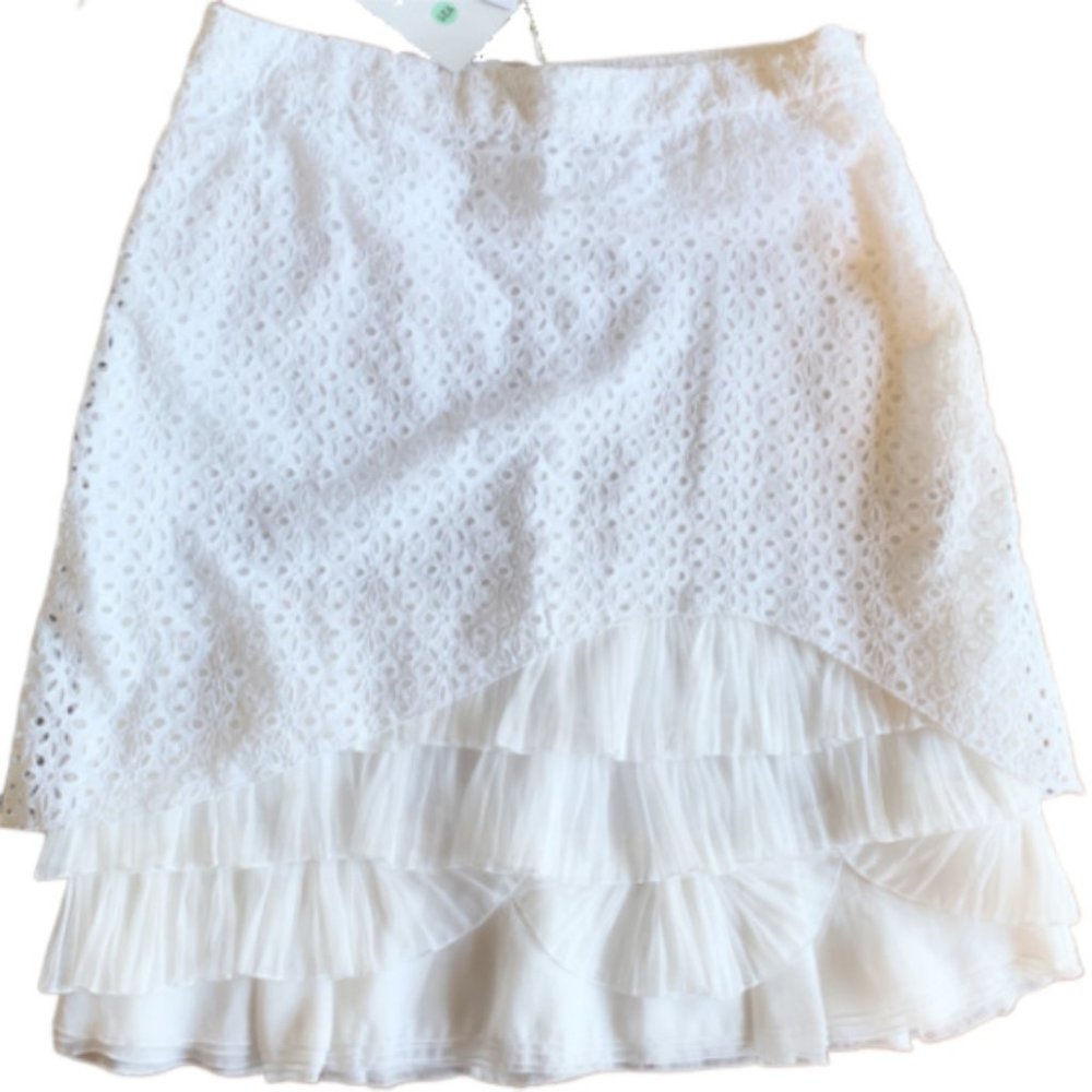 RED Valentino White Eyelet & Silk Ruffle Skirt